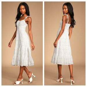 Lulus Sweet Sentiments White Jacquard Tiered Midi Dress